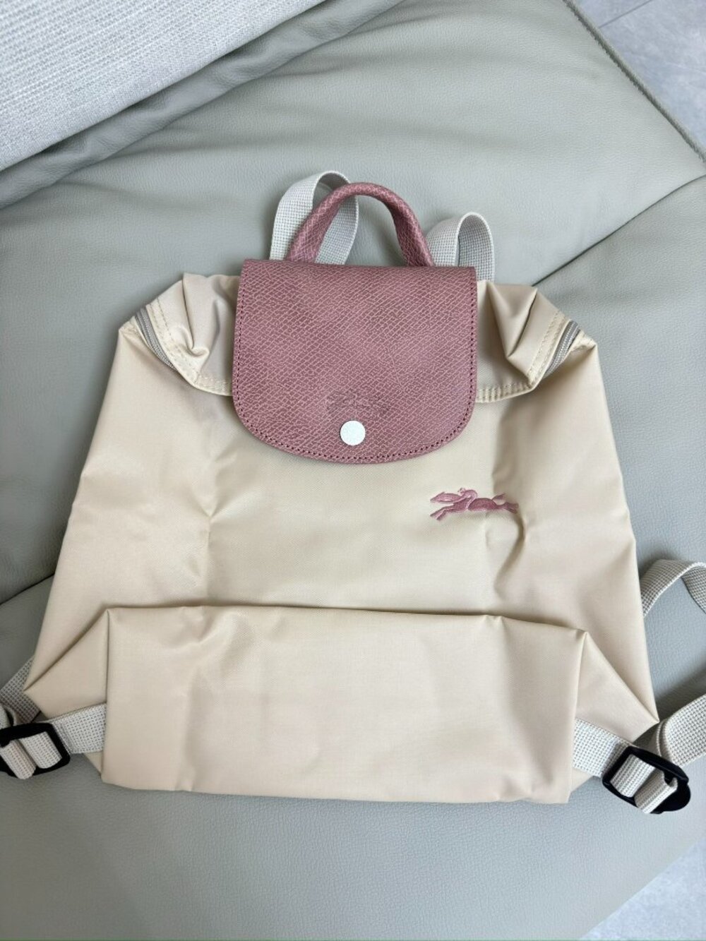 ✨ Longchamp Le Pliage Original Beige & Pink Leather Trim Backpack - Picture 3 of 9